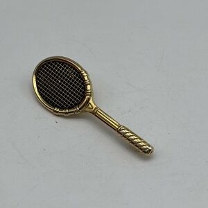 Ladies vintage gold tone tennis racket lapel‎ brooch pin pearl
